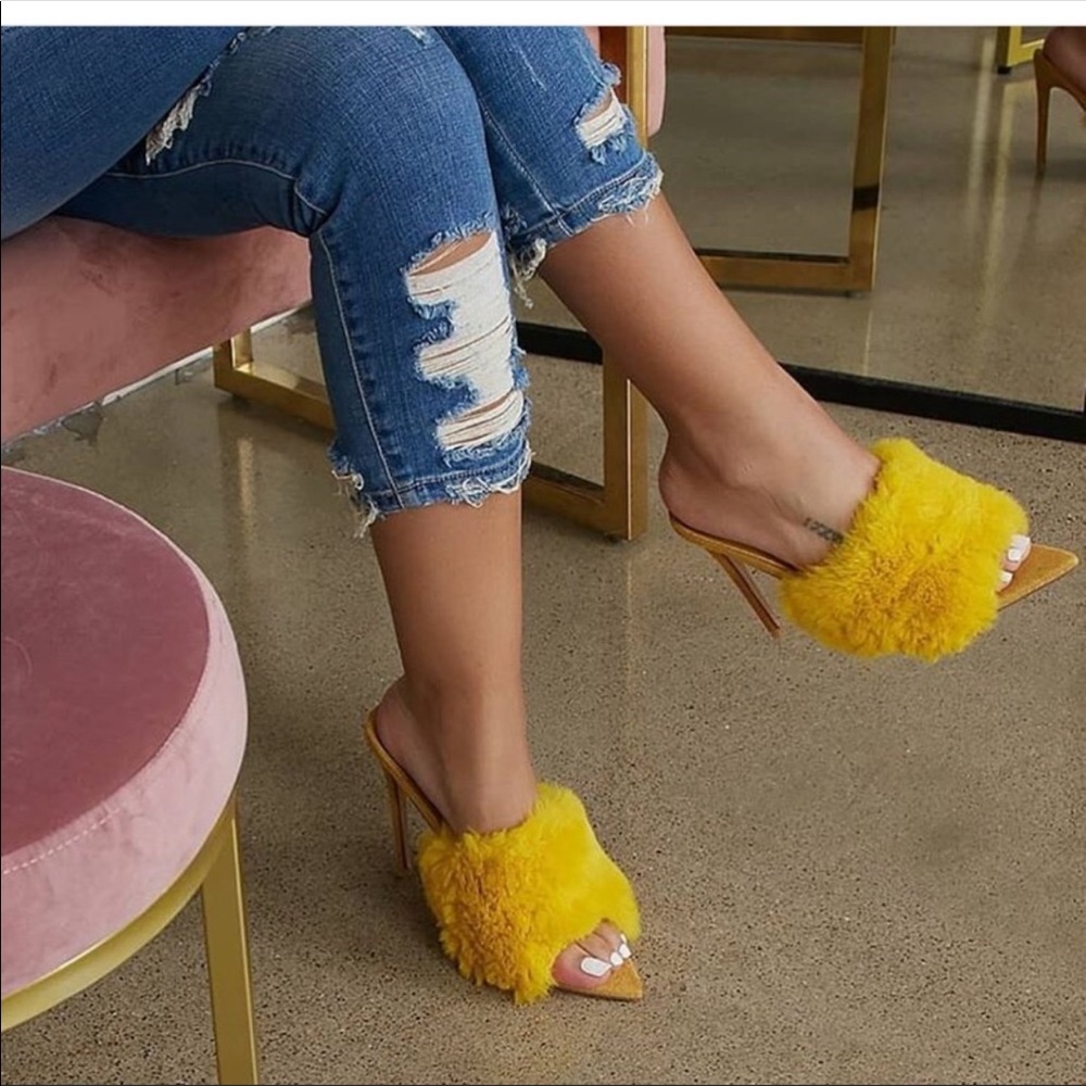 Yellow Fur Stiletto Mules